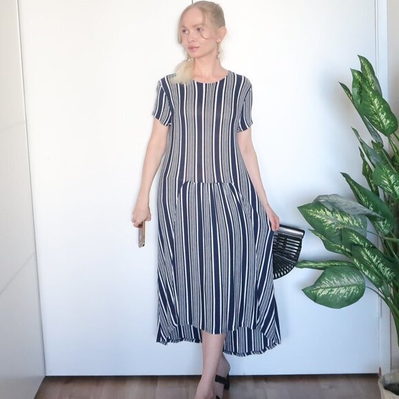 Zara Navy & White Striped Knitted Short Sleeve Loose Fit Maxi Dress Size M - Picture 5 of 12